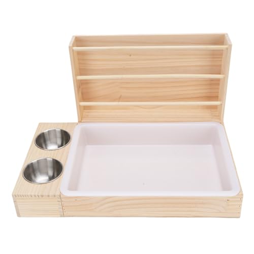 Yechiry Hölzerne Kaninchen -Heuhändler, 3 in 1 Anti -Trinkgeld -Heuhalter mit Katzentoilette und 2 Schalen, Grasnahrungsregal für Meerschweinchen Kleine Haustiere von Yechiry