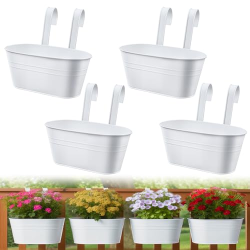 YedZen Metall Aufhängen Blumentopf Hängend, 4Stk 27,5cm Groß Weiß Blumentöpfe zum Aufhängen Hängend, Hängetöpfe Hängender Übertopf mit Abnehmbarem Haken＆Loch für Balkon Garten, Zaun von YedZen