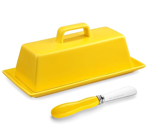 Yedio Butterdose aus Porzellan mit Deckel und Messer für Arbeitsplatte, Kühlschrank, weißer Butterhalter mit Keramiküberzug mit Griff für Ost-Westküste, spülmaschinenfest, Gelb von Yedio