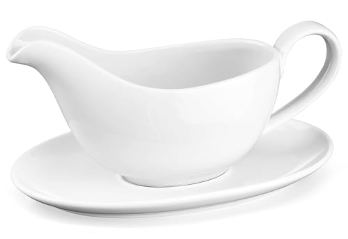 Yedio Sauciere mit Untertasse, große weiße Keramik-Sauciere, Boot und Tablett für Truthahn-Rindsauce, Salatdressing, Milchbrühe, mikrowellen- und spülmaschinenfest, 530 ml von Yedio