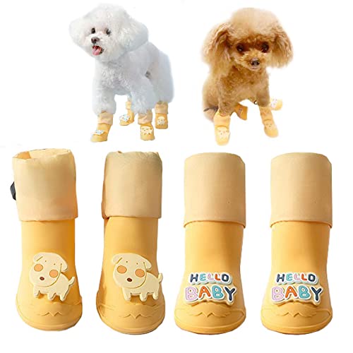 Yeduzyn 4 x wasserdichte Hundeschuhe für Schnee und Regen, Teddy, Zwergspitz, Bichon, mittlere und kleine Hunde (gelber Hund, groß) von Yeduzyn