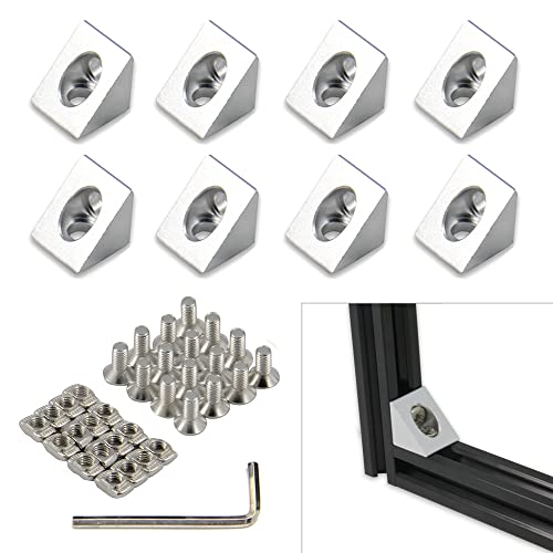 Yeebyee 2020 Aluminium Winkel Winkel Winkel Winkel Halterung mit M5x10mm Schrauben und T-Muttern für 6mm Slot 2020 Serie Aluminium Extrusion Profil, 8 Stück/Packung (Silber-Winkel Ecke) von Yeebyee