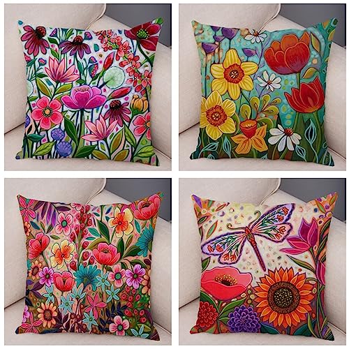 4er Set Kissenbezüge 50x50cm Samt Soft Bunte Libelle Blumen Dekorative Kissenhülle mit unsichtbarem Reißverschluß Quadratische Outdoor Zierkissenbezüge für Wohnzimmer Sofa Auto Zuhause Dekoration von Yeecer