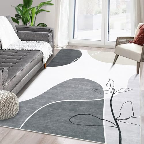 Yeeffia Großer Wohnzimmer Teppich, 160 x 230 cm Moderner Waschbarer Teppich für den Innenbereich Zeitgenössischer Botanischer Teppich Minimalistischer Teppich für Schlafzimmer, Kinderzimmer, Grau von Yeeffia