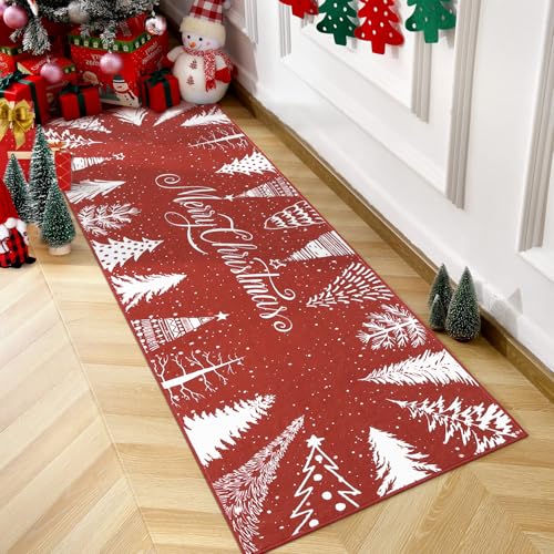Yeeffia Romantischer Weihnachtsbaum Schneeflocke Rot Rutschfester Teppich Läufer für Wohnzimmer Esszimmer Schlafzimmer Küche Flur Büro Modernes Zuhause Dekorativ Rot 60x180 cm von Yeeffia