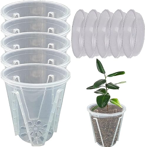 5 Stück Orchideentopf Kunststoff Orchideen Pflanztöpfe Orchideentöpfe mit Abflusslöchern Und Untertassen, Anzuchttöpfe Geschlitzter Blumentopf für Indoor Outdoor Garden Balkon (12cm mit Tablett) von Yeehliny