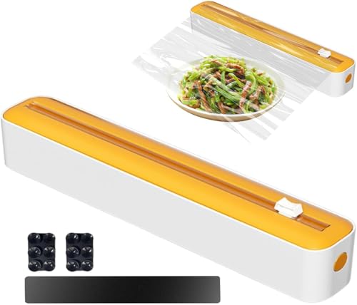 Frischhaltefolienspender mit Schneider, Folienspender Folienschneider Frischhaltefolie Abroller, Alufolienspender Schublade Für Küche, Magnetische & Klebebefestigung ohne Bohren (Gelb) von Yeehliny