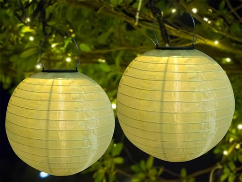 Lampions Solar Außen Wetterfest, 2 Stück Nylon Led Lampions Outdoor Solar Gartenlaterne Solarlampions für Außen Hängend Warmweiß mit Fransen für Garten, Hof, Terrasse, Hochzeit (##/20cm/Beige) von Yeehliny