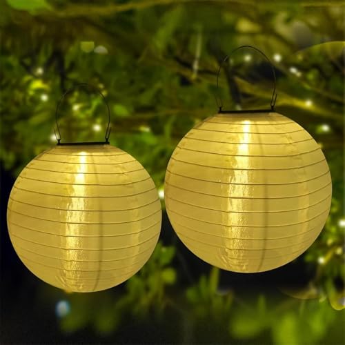 Lampions Solar Außen Wetterfest, 2 Stück Nylon Led Lampions Outdoor Solar Gartenlaterne Solarlampions für Außen Hängend Warmweiß mit Fransen für Garten, Hof, Terrasse, Hochzeit (##/20cm/Weiß) von Yeehliny