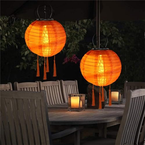 Lampions Solar Außen Wetterfest, 2 Stück Nylon Led Lampions Outdoor Solar Gartenlaterne Solarlampions für Außen Hängend Warmweiß mit Fransen für Garten, Hof, Terrasse, Hochzeit (20cm/Orange) von Yeehliny