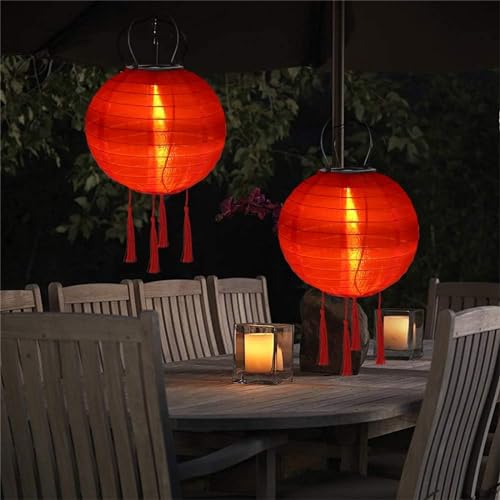 Lampions Solar Außen Wetterfest, 2 Stück Nylon Led Lampions Outdoor Solar Gartenlaterne Solarlampions für Außen Hängend Warmweiß mit Fransen für Garten, Hof, Terrasse, Hochzeit (20cm/Rot) von Yeehliny