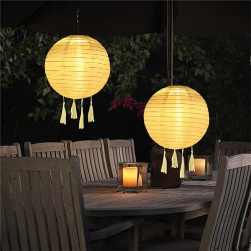 Lampions Solar Außen Wetterfest, 2 Stück Nylon Led Lampions Outdoor Solar Gartenlaterne Solarlampions für Außen Hängend Warmweiß mit Fransen für Garten, Hof, Terrasse, Hochzeit (20cm/Weiß) von Yeehliny