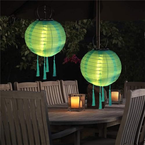 Lampions Solar Außen Wetterfest, 2 Stück Nylon Led Lampions Outdoor Solar Gartenlaterne Solarlampions für Außen Hängend Warmweiß mit Fransen für Garten, Hof, Terrasse, Hochzeit (25cm/Blau) von Yeehliny