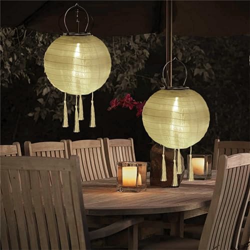 Lampions Solar Außen Wetterfest, 2 Stück Nylon Led Lampions Outdoor Solar Gartenlaterne Solarlampions für Außen Hängend Warmweiß mit Fransen für Garten, Hof, Terrasse, Hochzeit (30cm/Beige) von Yeehliny