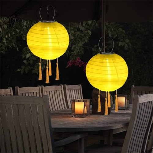 Lampions Solar Außen Wetterfest, 2 Stück Nylon Led Lampions Outdoor Solar Gartenlaterne Solarlampions für Außen Hängend Warmweiß mit Fransen für Garten, Hof, Terrasse, Hochzeit (30cm/Gelb) von Yeehliny