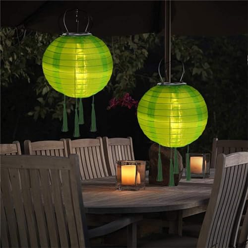 Lampions Solar Außen Wetterfest, 2 Stück Nylon Led Lampions Outdoor Solar Gartenlaterne Solarlampions für Außen Hängend Warmweiß mit Fransen für Garten, Hof, Terrasse, Hochzeit (30cm/Grün) von Yeehliny
