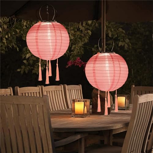 Lampions Solar Außen Wetterfest, 2 Stück Nylon Led Lampions Outdoor Solar Gartenlaterne Solarlampions für Außen Hängend Warmweiß mit Fransen für Garten, Hof, Terrasse, Hochzeit (30cm/Rosa) von Yeehliny
