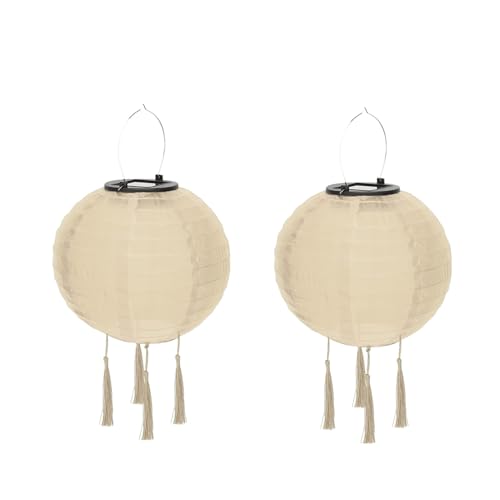 Solar Lampions Außen Wetterfest, Nylon Hänge Laterne Gartenlaterne Solarlaterne, LED Wasserdicht Lampion mit 4 Quaste, Warmweiß Solarlampions für Draußen, Garten, Hof, Hochzeit (20cm/2pcs/Beige) von Yeehliny