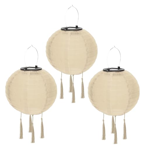 Solar Lampions Außen Wetterfest, Nylon Hänge Laterne Gartenlaterne Solarlaterne, LED Wasserdicht Lampion mit 4 Quaste, Warmweiß Solarlampions für Draußen, Garten, Hof, Hochzeit (20cm/3pcs/Beige) von Yeehliny