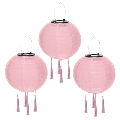 Solar Lampions Außen Wetterfest, Nylon Hänge Laterne Gartenlaterne Solarlaterne, LED Wasserdicht Lampion mit 4 Quaste, Warmweiß Solarlampions für Draußen, Garten, Hof, Hochzeit (30cm/3pcs/Rosa) von Yeehliny