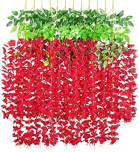 Yeehliny Künstlich hängende Blumen, Blauregen Seidenblumen,hängende Dekoration Garland Seide Blumen für Party Home Dekoration Hochzeiten, 110 cm, 12 stück (Rot) von Yeehliny