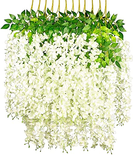 Yeehliny Künstlich hängende Blumen, Blauregen Seidenblumen,hängende Dekoration Garland Seide Blumen für Party Home Dekoration Hochzeiten, 110 cm, 12 stück (Weiß) von Yeehliny