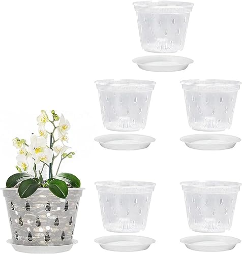 Yeehliny Orchideentopf Transparente Kunststoff Orchideen Pflanztöpfe mit Löchern und Untertassen Atmungsaktiver Blumentopf Anzuchttöpfe Für Indoor Outdoor Balkon Schreibtisch (11cm mit Tablett) von Yeehliny