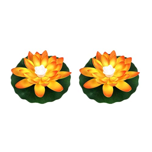 Yeehliny Schwimmende Lotuslichter, LED Wasserdichte Solar Seerosen Schwimmende solarleuchten Lotusblumen-Nachtlampe Lotusblüte Lotusblatt Teichlicht für Pool Teich Garten Deko (28CM-2PC-Orange) von Yeehliny