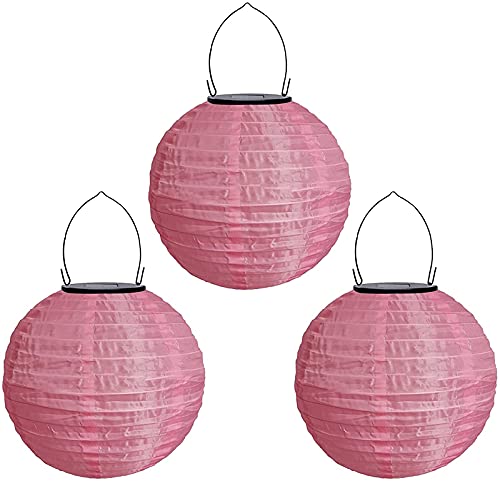 Yeehliny Solar Lampions Außen Wetterfest Solar LED Laterne Wasserdicht Nylon Garten Laterne Solarlaterne für außen Hängend Solarlampiongs Runder Lampenschirm Garten Deko Außendeko (30cm/3PCS/Rosa) von Yeehliny