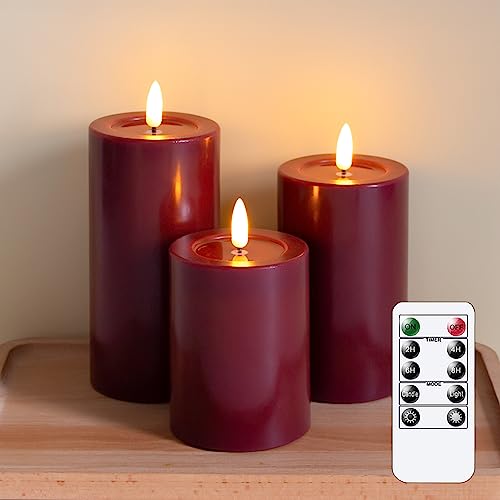 Yeelida Flammenlose LED-Kerzen mit Wachsöl-Effekt, flackernde Fernbedienung 3er Pack Burgunderrot Säule Batteriebetriebener Timer Elektrische Kerzen aus echtem Wachs (7.5x10,12.5,15cm) von Yeelida