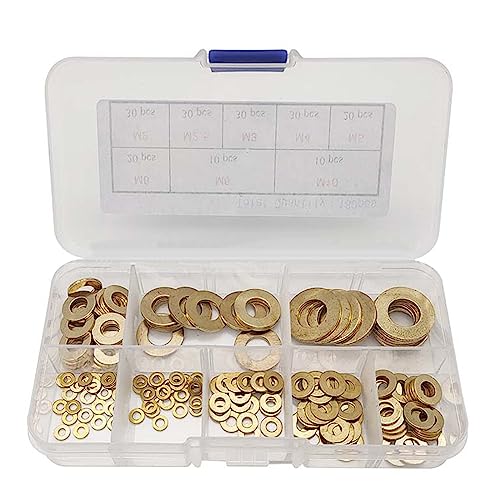 Yeeliv Kombinations-Set aus flachen Unterlegscheiben aus Messing mit Kunststoffbox, M2/M2.5/M3/M4/M5/M6/M8/M10 (180 Stück) von Yeeliv