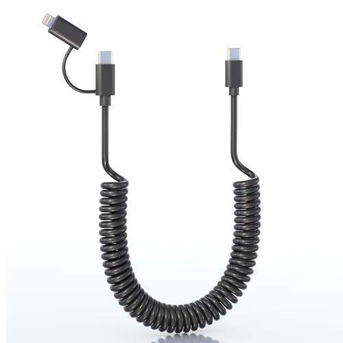 USB C und Lightning Kabel 2 in 1 Spiralkabel für Apple CarPlay und Android Auto - 1,5M 60W Schnellladung und Daten Kurz Multi Ladekabel für iPhone 15/14/ 13/12/ 11 iPad Laptop Huawei Samsung Android von Yeemie