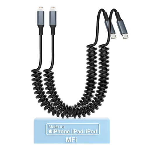 USB C zu Lightning Spiralkabel 3FT 2Pack, Spirale iPhone Kabel für Auto [Apple MFi zertifiziert] Kurzes USB C Lightning Kabel für iPhone14/13/12/11 Pro Max/XS MAX/8/Plus/iPad/CarPlay von Yeemie