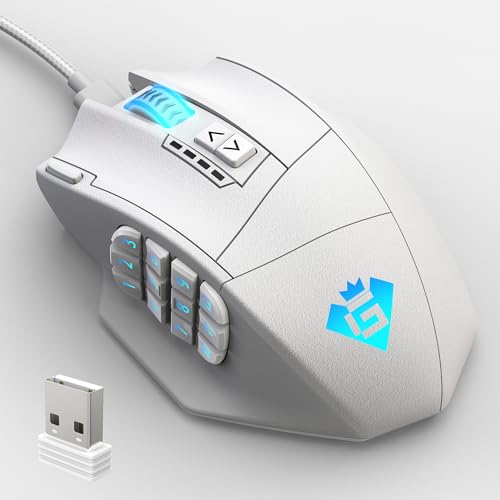 Yeemie Gamspeed V8 Pro Kabellose Gaming Maus - MMO Gaming Mäuse für PC/Mac, Ergonomische RGB Maus mit Kabel/2.4G + 26K Optischer Sensor + 1000Hz HyperPolling + 16 programmierbare Tasten, Weiß von Yeemie