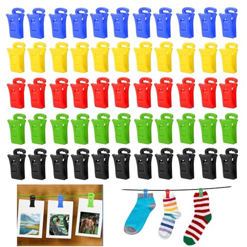 Yeenano Sockenklammern,50 Stück Rutschfester Sockenclip mit Haken, Sockenhalter Waschmaschine mit Haken Socken Waschen Sortierhilfe Mehrzweck Sockenhalter Bunt Sockenklammern für die Wäscheleine von Yeenano