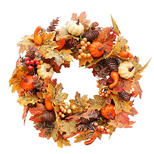 Künstlicher Herbstkranz, 50,8 cm, Vordertürkranz mit Kürbisbeeren, Tannenzapfen und Ahornblatt für Herbst, Halloween, Erntedankfest, Haustür, Wandbehang, Heimdekoration von Yeenee