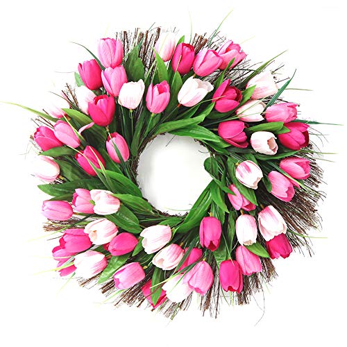 Türkranz, künstliche Blumen, Tulpen-Kranz – Vier Jahreszeiten Haustür Dekor mit Tulpe und grünen Blättern, für Haustür, Wohnzimmer, Wand, Garten, Hochzeit, Festival, Dekoration (45 cm, Pink) von Yeenee