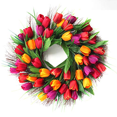 Türkranz, künstliche Blumen, Tulpen-Kranz – Vier Jahreszeiten Haustür-Dekor mit Tulpe und grünen Blättern, für Haustür, Wohnzimmer, Wand, Garten, Hochzeit, Festival-Dekor (45 cm, rot) von Yeenee