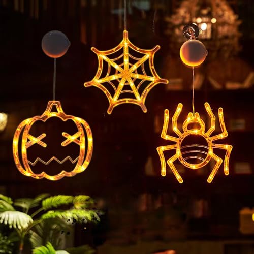 Decorative Fenster Licht, Orange Deko Lichter Hängende Warmweiß Kürbisse Spinnen Spinnennetz Dekorative Lampe für Halloween Party Balkon von Yeeteesy