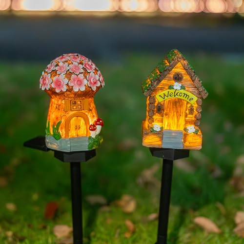 Yeeteesy Solar Gartenfiguren Leuchte für Außen, Outdoor Garten Vintage Deko Lampe, Wasserdichte Garten Dekorative Märchenhaftes Haus Licht für Balkon Terrasse Weg Hof Rasen Gehwege (B(Grün+Pink)) von Yeeteesy