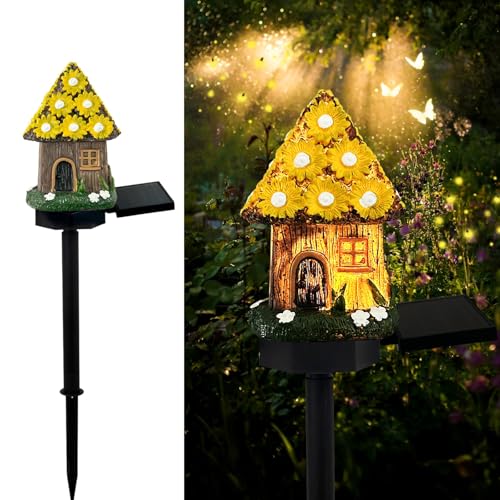Yeeteesy Solar Gartenfiguren Leuchte für Außen, Outdoor Garten Vintage Deko Lampe, Wasserdichte Garten Dekorative Märchenhaftes Haus Licht für Balkon Terrasse Weg Hof Rasen Gehwege (Gelb) von Yeeteesy