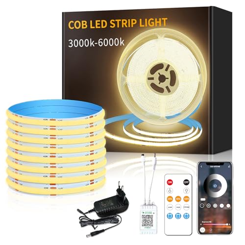 Yeewhale cob Led strip 5m,APP Steuerung,mit Fernbedienung,flexible Dimmbar COB LED Streifen, DC24V 3000k Warmweiß LED band, anwendbar auf Schlafzimmer, Raum,DIY Dekoration von Yeewhale