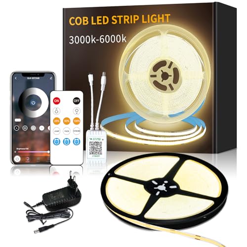 Yeewhale cob Led strip 10m,APP Steuerung,mit Fernbedienung,flexible Dimmbar cob LED Streifen, DC24V 3000k Warmweiß LED band, anwendbar auf Schlafzimmer, Raum,DIY Dekoration von Yeewhale