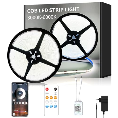 Yeewhale cob Led strip 15m,APP Steuerung,mit Fernbedienung,DC24V 6000k Weiß LED band,flexible Dimmbar cob LED Streifen,anwendbar auf Schlafzimmer, Raum,DIY Dekoration von Yeewhale