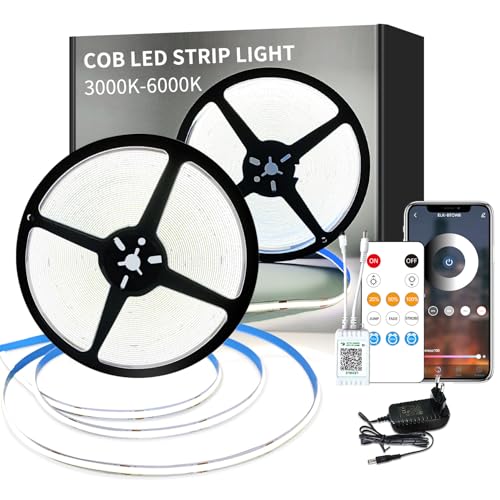 Yeewhale cob Led strip 20m,mit Fernbedienung,APP Steuerung,DC24V 6000k Weiß LED band,flexible Dimmbar COB LED Streifen,anwendbar auf Schlafzimmer, Raum,DIY Dekoration von Yeewhale