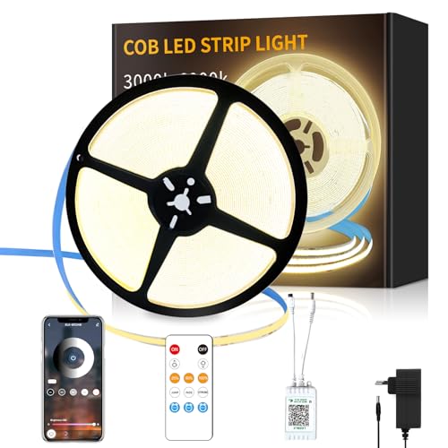 Yeewhale cob Led strip 10m,mit Fernbedienung, APP Steuerung,DC24V 3000k Warmweiß LED band,flexible Dimmbar COB LED Streifen, anwendbar auf Schlafzimmer, Raum,Schrank,DIY Dekoration von Yeewhale