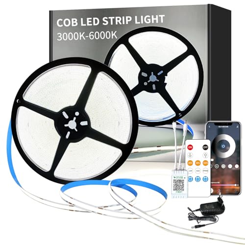 Yeewhale cob Led strip 15m,APP Steuerung,mit Fernbedienung,flexible Dimmbar COB LED Streifen, DC24V 6000k Weiß LED band, anwendbar auf Schlafzimmer, Raum,DIY Dekoration von Yeewhale