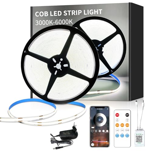 Yeewhale cob Led strip 15m,mit Fernbedienung,APP Steuerung,DC24V 6000k Weiß LED band,flexible Dimmbar COB LED Streifen,anwendbar auf Schlafzimmer, Raum,Schrank,DIY Dekoration von Yeewhale