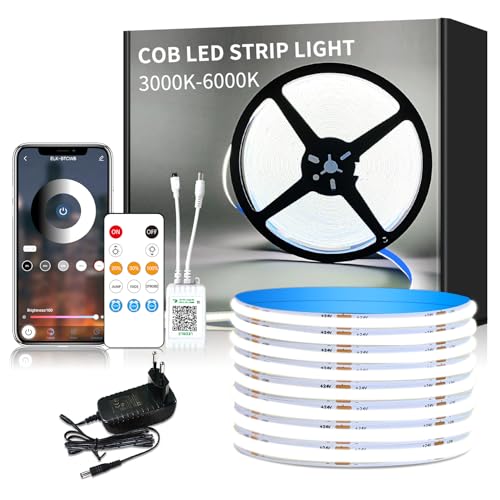 Yeewhale cob Led strip 5m,APP Steuerung,mit Fernbedienung,flexible Dimmbar COB LED Streifen, DC24V 6000k Weiß LED band, anwendbar auf Schlafzimmer, Raum,DIY Dekoration von Yeewhale