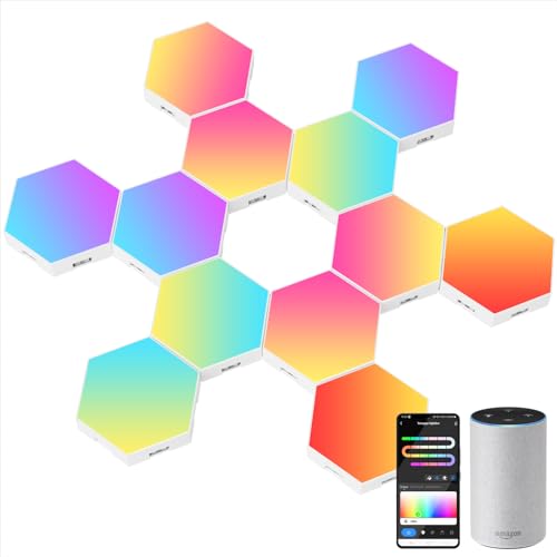 Yeexppz Hexagon led panelen, 12 stuks, RGB met IC, smart wandlamp zeshoekige led wand, werkt met Alexa, muzieksync, creatieve decoratieve wifi, hexa-led voor kamer en gaming, sfeerverlichting von Yeexppz